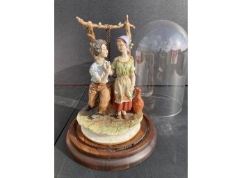 Very Fine Antique Signed Capodimonte Sculpture In Domed Cloche- Young Couple And Well