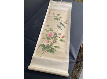 Vintage Chinese Rice Paper Scroll With Flora And Songbirds- Hand Painted 41' Long