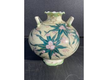 Striking Antique Porcelain Handled Vase With Ruffled Rim