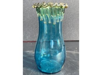 Antique Victorian Era Art Glass Vase With Applied Lava Drip Rim