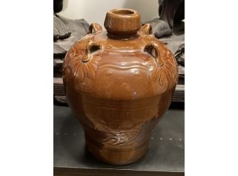 Antique Chinese 4-handled Stoneware Wine Jug With Brown Glaze