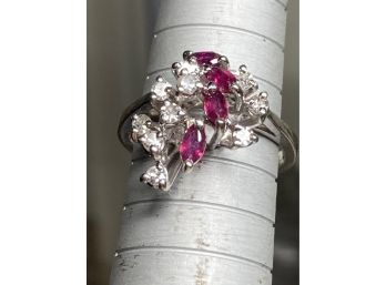 VERY Fine Vintage 14K WHITE GOLD Ring With A Cluster Of Diamonds And Rubies