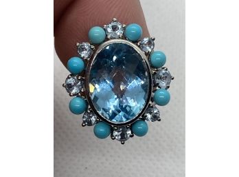 STUNNING Signed Sterling Silver 925 Ring With LARGE Faceted Blue Topaz And Tuquoise Surround