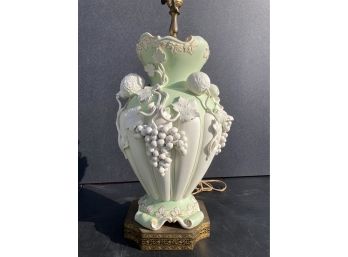 Stunning Antique European Bisque Table Lamp With Hand Applied Grape Bunches And Persimmons