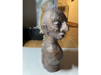 SUPERB Vintage Pottery AZTEC Sculpture Bust Of A Warrior- Artist Signed With Turquoise Glazed Headdress