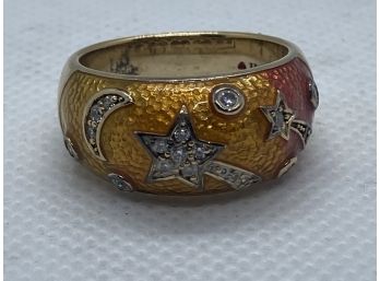 Signed STERLING SILVER Ring With Moons And Shooting Stars Over Guilloche Enamel