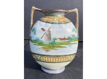 Antique Japanese Kutani Style Vase- Made For The European Market- Hand Painted Windmill