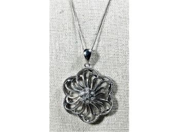 Fancy Sterling Silver Pendant Chain Necklace Floral Form White Stones