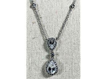 Fine Sterling Silver 925 Necklace W Drop Pendant White CZ Stones