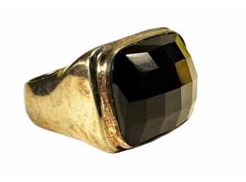 Large Sterling Silver Designer Faceted Black Stone Ladies Ring About Size 7