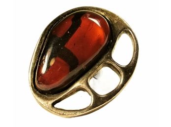 Large Moderne Sterling Silver Genuine Amber Ladies Ring About Size 8