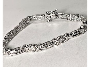 Fine Sterling Silver Link Bracelet With White Stones Great Quality