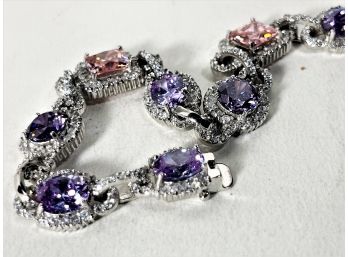 Very Pretty Sterling Silver 925 Link Bracelet Bright Pink And Purple Stones