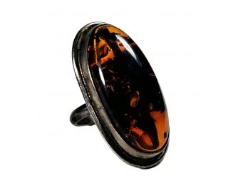 Very Large Fine Sterling Silver Natural Amber Ring Bezel Set