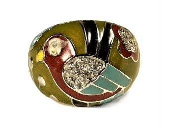 Large Sterling Silver Designer Enamel Dome Ring With Bird About Size 7