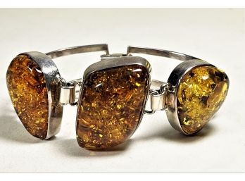 Sterling Silver And Genuine Amber Cuff Bracelet
