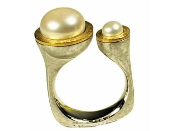 Designer Modernist Cultured Pearl Sterling Silver Gold Ladies Ring