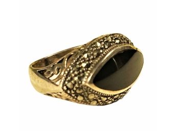 Fancy Sterling Silver 'eye' Formed Marcasite & Onyx Ladies Ring About Size 7