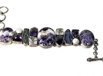 Fine Modern Heavy Sterling Silver Purple Pearl And Amethyst Gemstone Bracelet 925