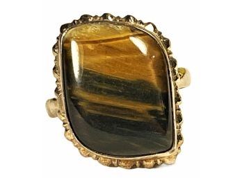 Large Sterling Silver Ladies Ring W Large Tiger's Eye Stone About Size 7 To 8