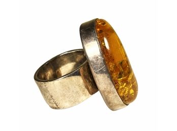 Sterling Silver Chunky Ladies Ring With Large Amber Stone Genuine