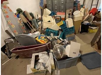 GIANT BASEMENT SALVAGE LOT INCLUDES TOOLS, TUBS, HOUSEHOLD ITEMS AND MORE