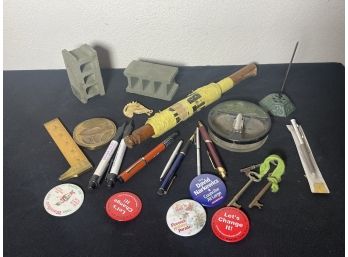 LOT OF PAPERWEIGHTS, PENS, AND MORE
