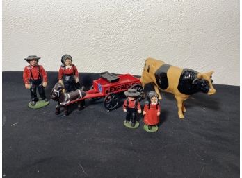 AMISH CAST IRON FIGURES AND CELLULOID COW