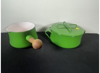 TWO PIECES DANSK GREEN ENAMELED COOKWARE