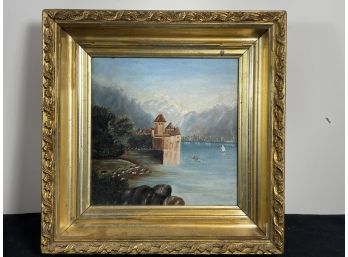 19TH CENTURY OIL PAINTING OF CASTLE GRISON, SWITZERLAND