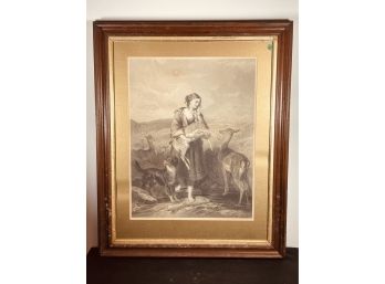 A LARGE STEEL ENGRAVING BY WILLIAL HOLL OF A GIRL WITH DEER IN PERIOD WALNUT FRAME