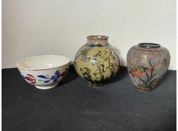 THREE PIECES POTTERY INCLUDES MARY VAUGHN SIGNED VASE, SPRIGWARE BOWL, AND A JAPANESE VASE