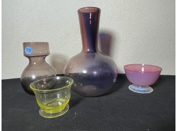 FOUR PIECES HAND BLOWN GLASS INCLUDES HYACINTH VASE