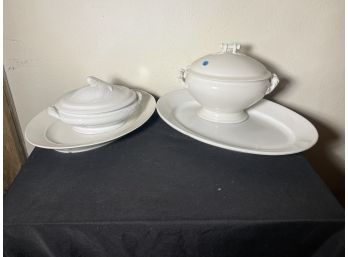 LARGE LOT WHITE IRONSTONE TUREENS, PLATTERS, AND MORE