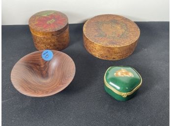 A SIGNED LIMOGE TRINKET BOX, TWO BURNTWOOD BOXES, AND A SCANDINAVIAN RING DISH