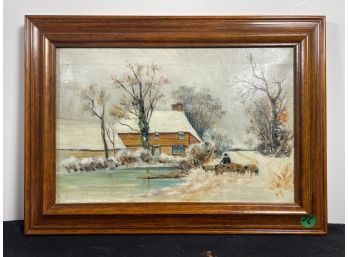OIL ON CANVAS WINTER SCENE WITH SHEEP