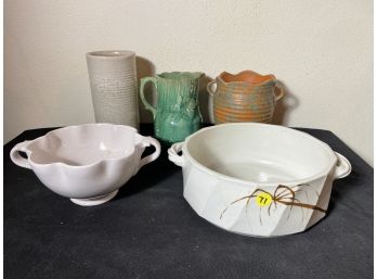FOUR PIECES ART POTTERY AND A MAJOLICA PITCHER