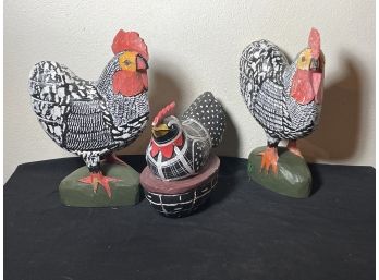 THREE PAINTED AND CARVED FOLK ART CHICKENS