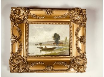 OIL PAINTING ON CANVAS OF A BOAT SCENE SIGNED F HALL