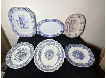 FIVE LARGE BLUE AND WHITE TRANSFER PLATTERS