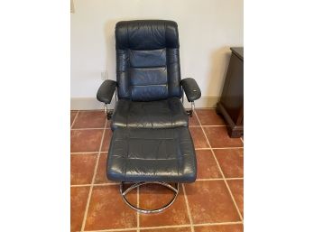 BLUE LEATHER EKORNES CHAIR WITH OTTOMAN