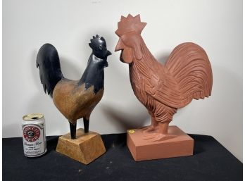 TWO FOLK CARVED WOOD CHICKENS/ROOSTERS, ONE MOUNTED WITH STEEL