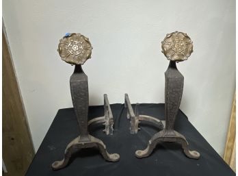 A PAIR OF CAST IRON WAVERLY ANDIRONS