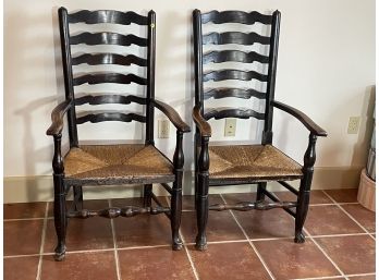 A PAIR OF EARLY AMERICAN QUEEN ANNE ARMCHAIRS WITH RUSH SEATS