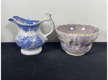 TWO PIECES STAFFORDSHIRE INCLUDES RARE CHASING THE OSTRICH PITCHER