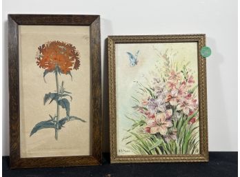 AN AB WADE FLORAL STILL LIFE AND AN 19TH CENTURY CURTIS HAND COLORED PRINT