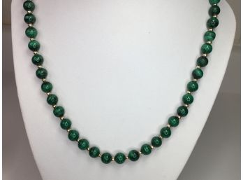 Gorgeous Malachite Bead Necklace With 14K Gold Overlay Bead Necklace - Beautifully Polished Beads