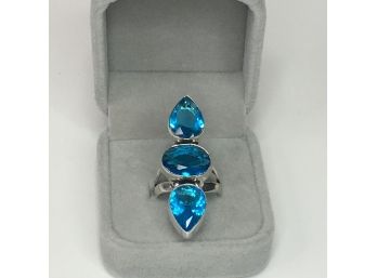 Fabulous 925 / Sterling Silver Three Stone Cocktail Ring With Fabulous London Blue Topaz - Super Nice !