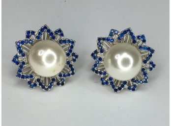 Fantastic Brand New 925 / Sterling Silver -  Pearl -  Sapphire Earrings - VERY Expensive Look - Great Gift