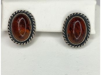 Very Nice Vintage 925 / Sterling Silver & Amber Earrings - Rope Details - Marked 925 On Posts - Nice Pair